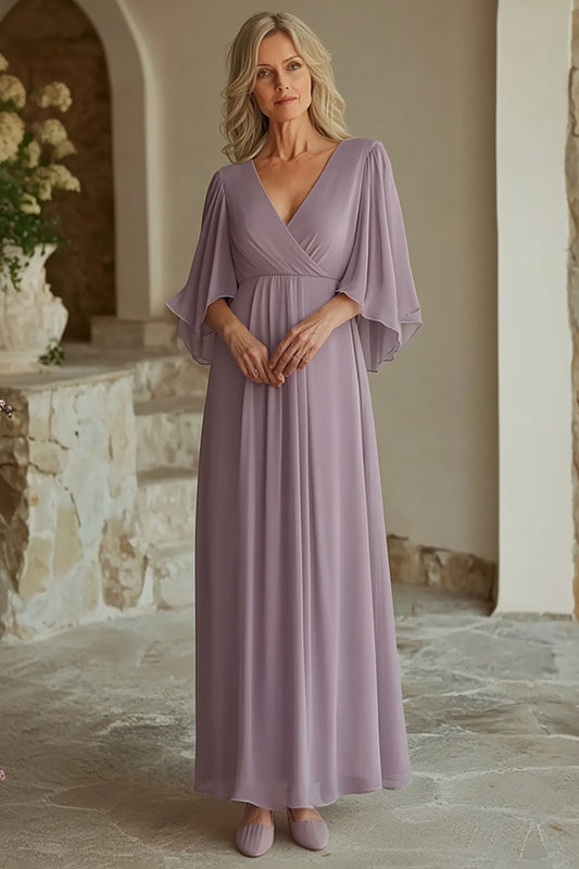 Deep V-Neck Lilac Chiffon Long Mother of the Bride Dress with Half Sleeves