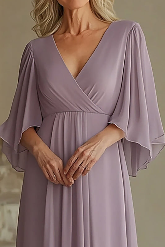 Deep V-Neck Lilac Chiffon Long Mother of the Bride Dress with Half Sleeves
