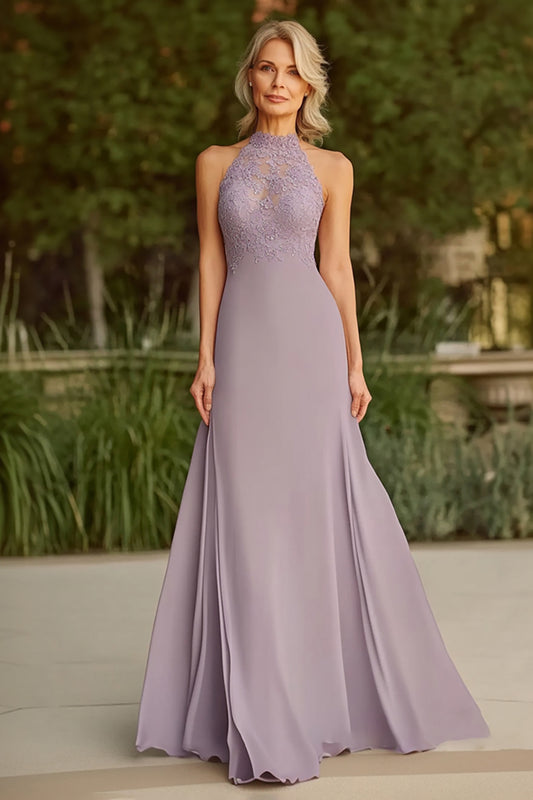 Lilac Halter Neck Lace Mother of the Bride Dress