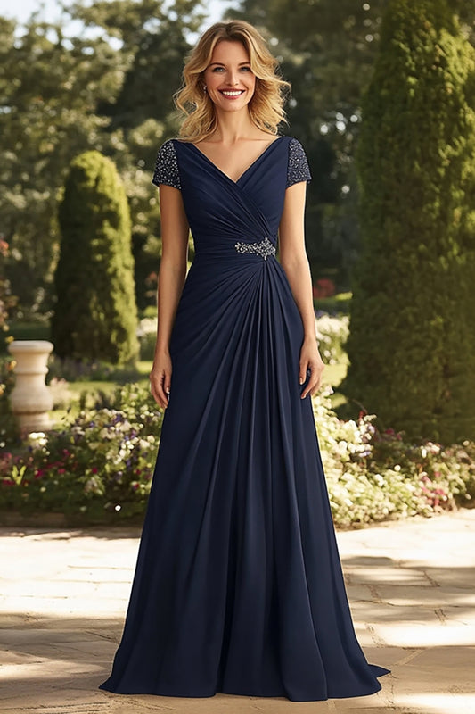 V-Neck Navy A Line Ruched Long Mother of the Bride Dress