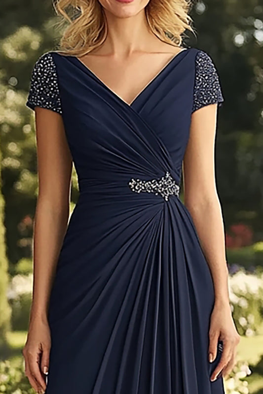 V-Neck Navy A Line Ruched Long Mother of the Bride Dress