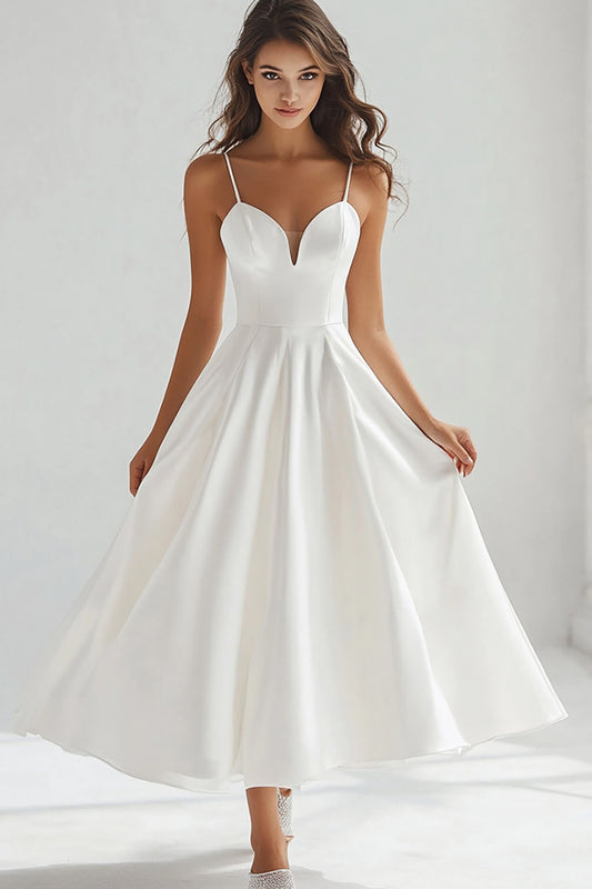 Spaghetti Straps White A Line Tea-Length Graduation Dress
