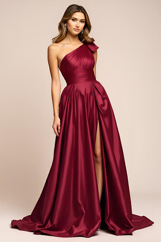 One Shoulder Burgundy A Line Long Prom Dress with Slit