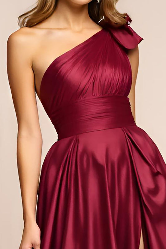 One Shoulder Burgundy A Line Long Prom Dress with Slit