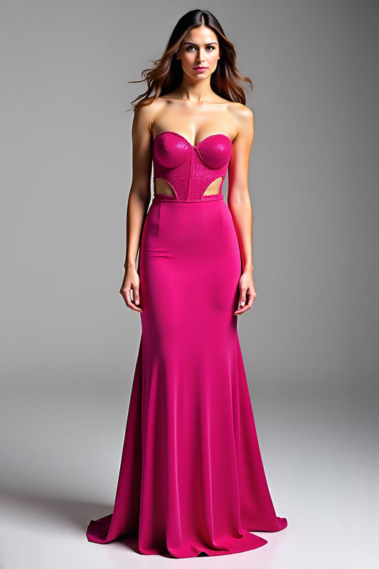 Cut Out Fuchsia Strapless Backless Long Prom Dress