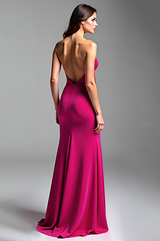 Cut Out Fuchsia Strapless Backless Long Prom Dress