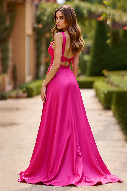 Cut Out Satin Fuchsia Long Prom Dress with Slit