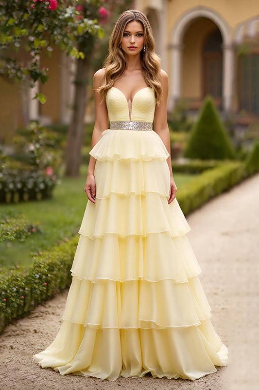 Light Yellow Strapless Tiered Long Prom Dress