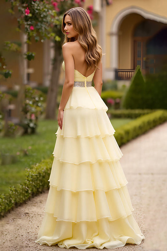 Light Yellow Strapless Tiered Long Prom Dress
