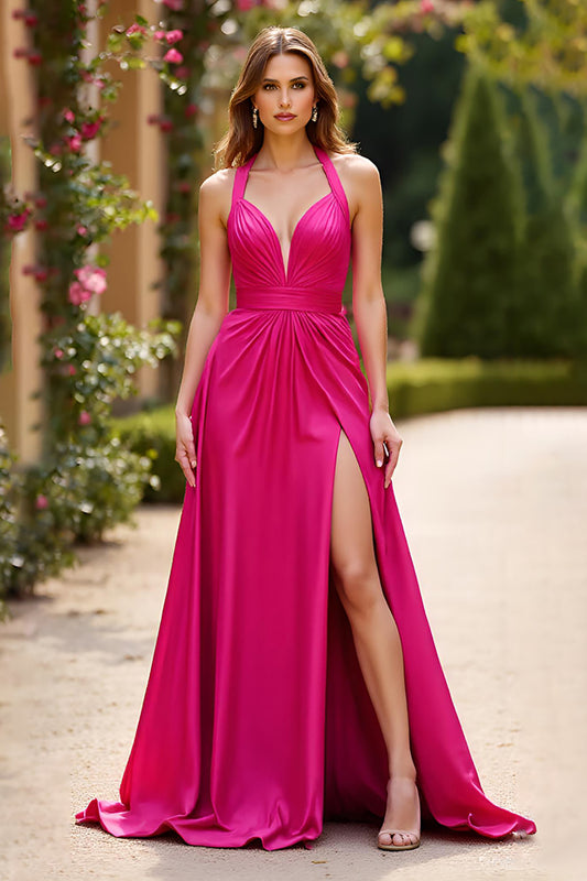 Halter Neck Fuchsia A Line Long Prom Dress with Slit
