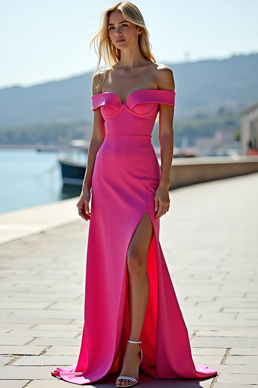 Off the Shoulder Fuchsia Sheath Long Prom Dress with Slit