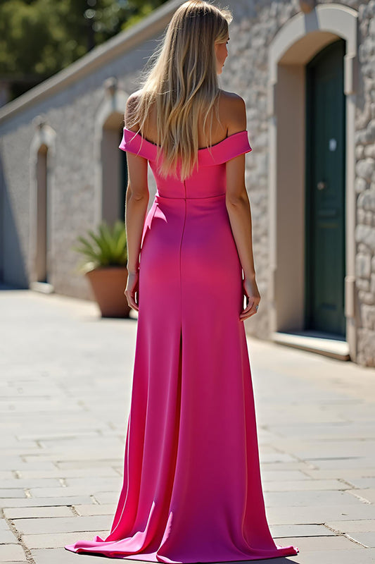 Off the Shoulder Fuchsia Sheath Long Prom Dress with Slit