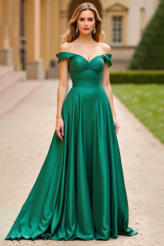 Dark Green Off the Shoulder A Line Long Prom Dress