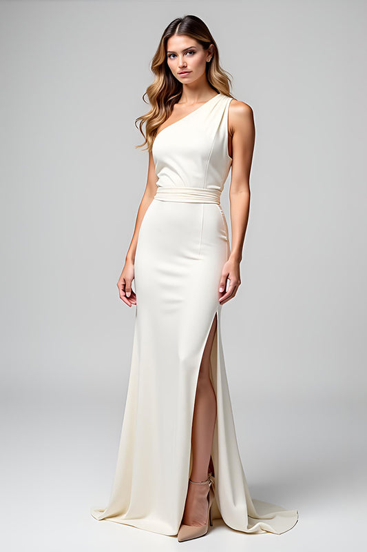 Ivory One Shoulder Sheath Long Graduation Dress with Slit