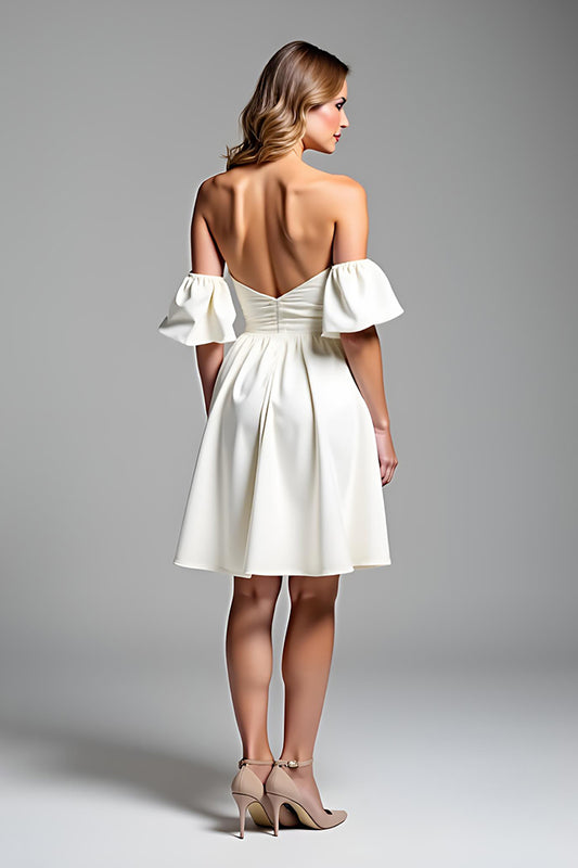 A Line Off the Shoulder White Satin Short Graduation Dress