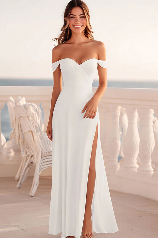 Off the Shoulder White Sheath Long Graduation Dress with Slit