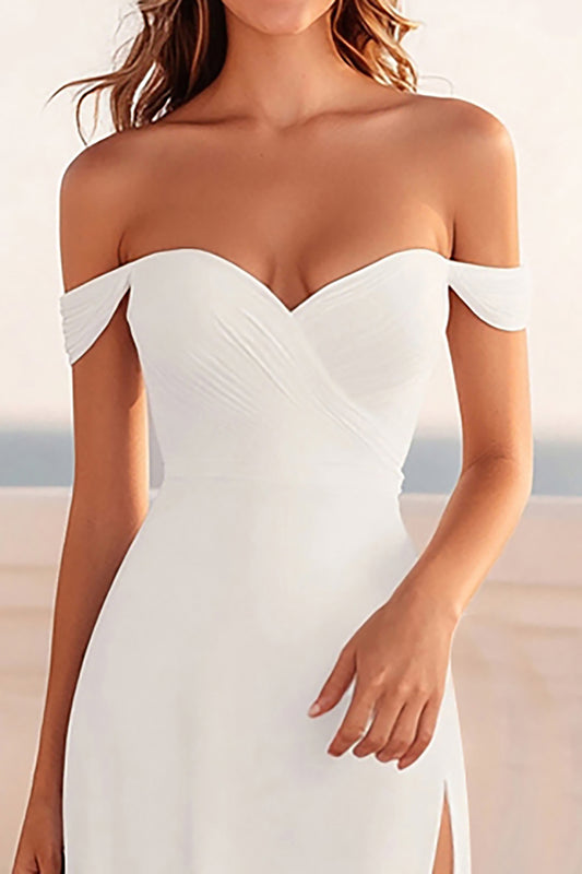 Off the Shoulder White Sheath Long Graduation Dress with Slit
