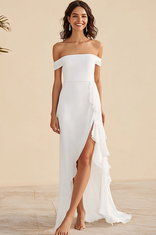 Square Neck White Sheath Asymmetrical Graduation Dress with Slit