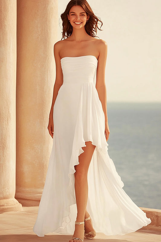 Asymmetrical Strapless White Ruched Graduation Dress