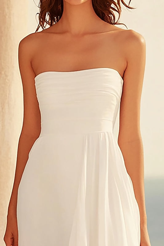 Asymmetrical Strapless White Ruched Graduation Dress