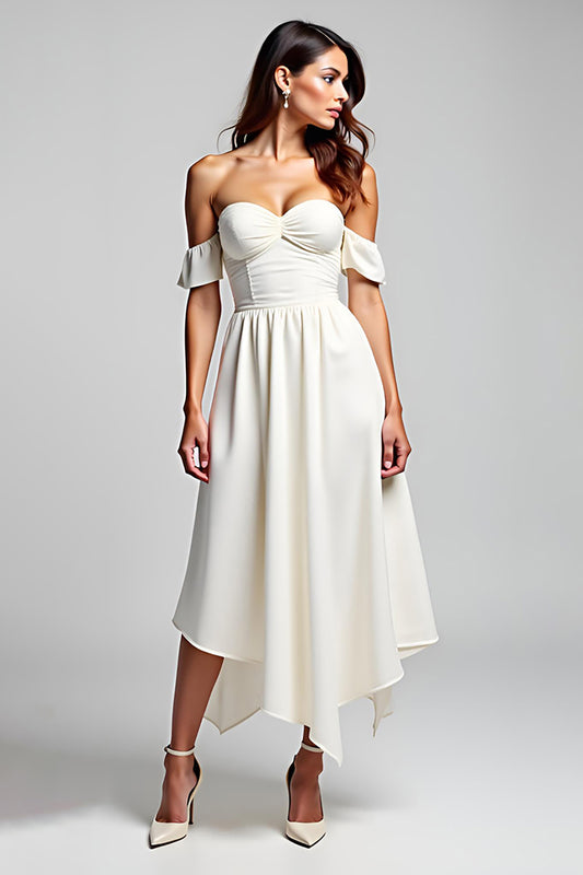 White Sweetheart Ruched Asymmetrical Graduation Dress