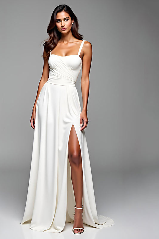 White Backless Ruched Long Graduation Dress with Slit