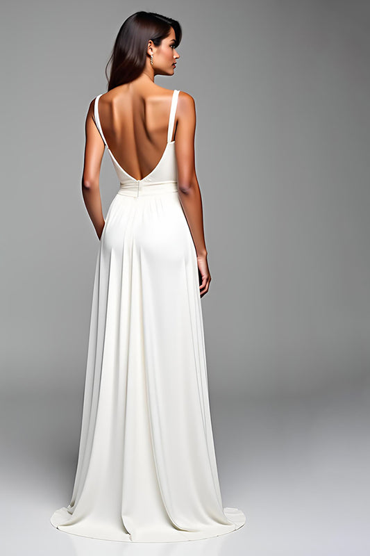 White Backless Ruched Long Graduation Dress with Slit