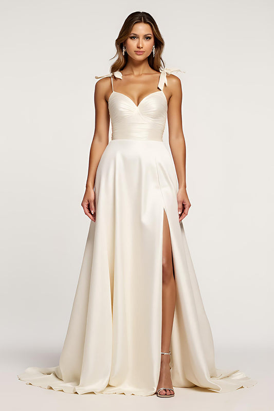 Spaghetti Straps Ivory A Line Long Graduation Dress with Slit