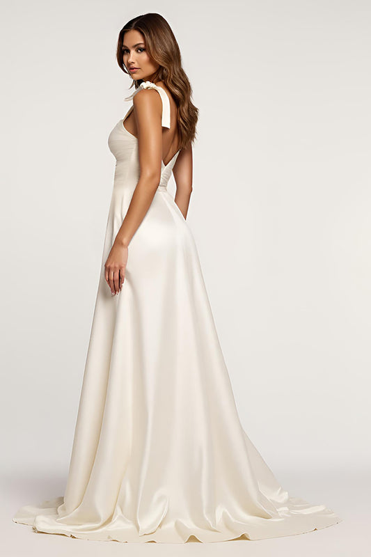 Spaghetti Straps Ivory A Line Long Graduation Dress with Slit