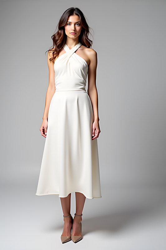 A Line White Halter Neck Knee-Length Graduation Dress