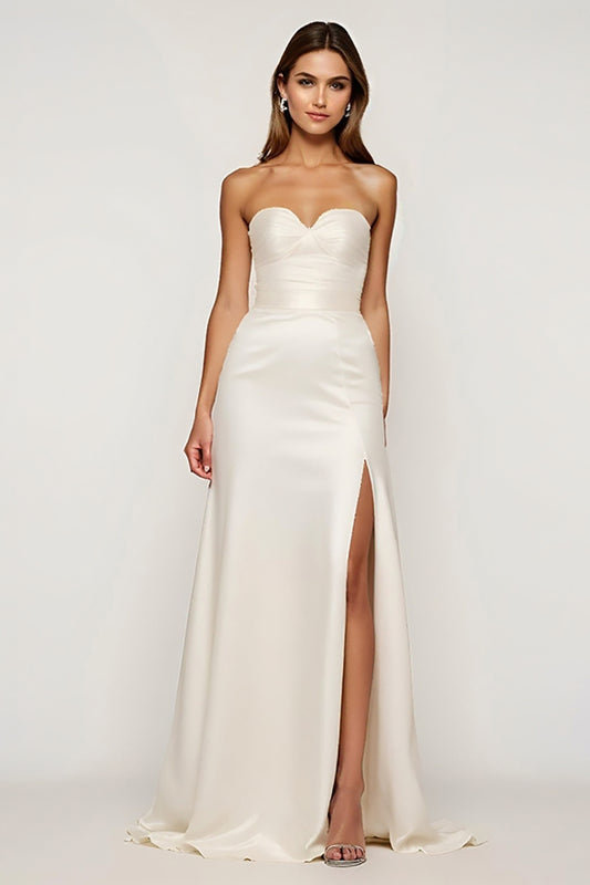 Ivory Strapless Satin Long Graduation Dress with Slit
