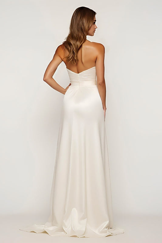 Ivory Strapless Satin Long Graduation Dress with Slit