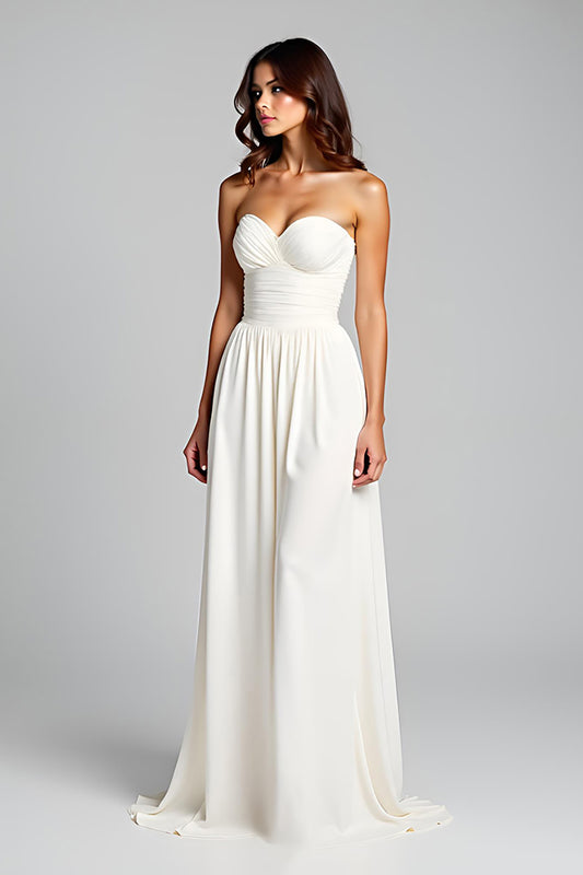 Sweetheart White Backless Ruched Long Graduation Dress