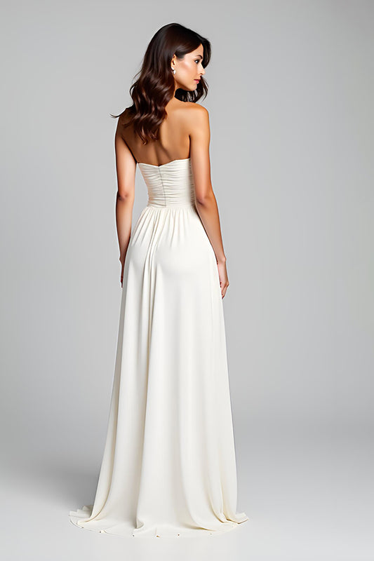 Sweetheart White Backless Ruched Long Graduation Dress