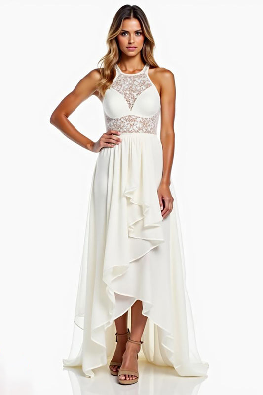 Halter Neck White A Line High-Low Graduation Dress