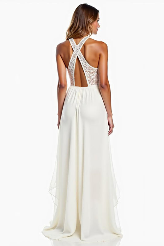 Halter Neck White A Line High-Low Graduation Dress