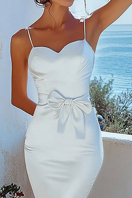 Spaghetti Straps White Satin Long Graduation Dress with Bowknot
