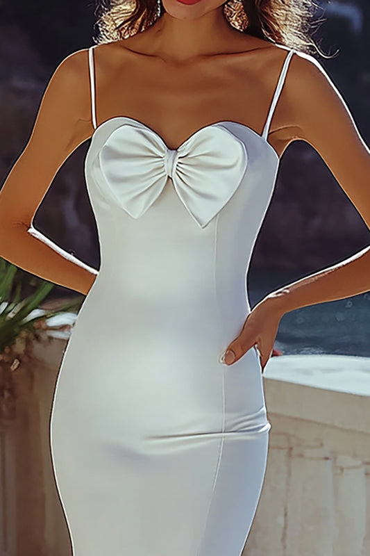 Sheath White Satin Long Graduation Dress with Bowknot