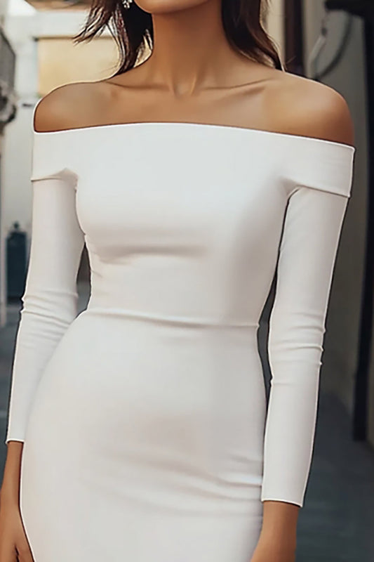 Off the Shoulder White Sheath Satin Mini Graduation Dress