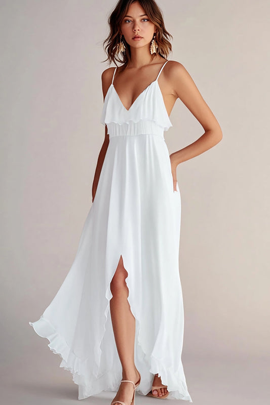 White V-Neck Flowy Formal Dress with Slit