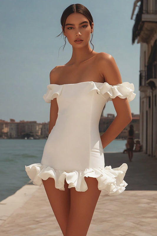 Off the Shoulder White Bodycon Satin Mini Graduation Dress with Ruffles