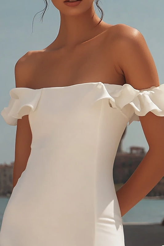 Off the Shoulder White Bodycon Satin Mini Graduation Dress with Ruffles
