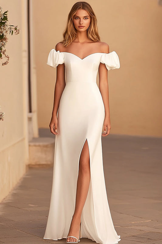 White Off the Shoulder Satin Long Formal Dress with Puff Sleeves