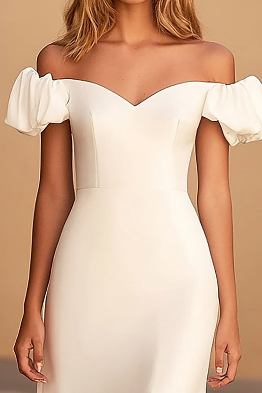 White Off the Shoulder Satin Long Formal Dress with Puff Sleeves