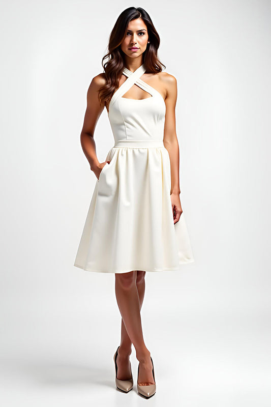 A Line Ivory Halter Cross Neck Graduation Dress