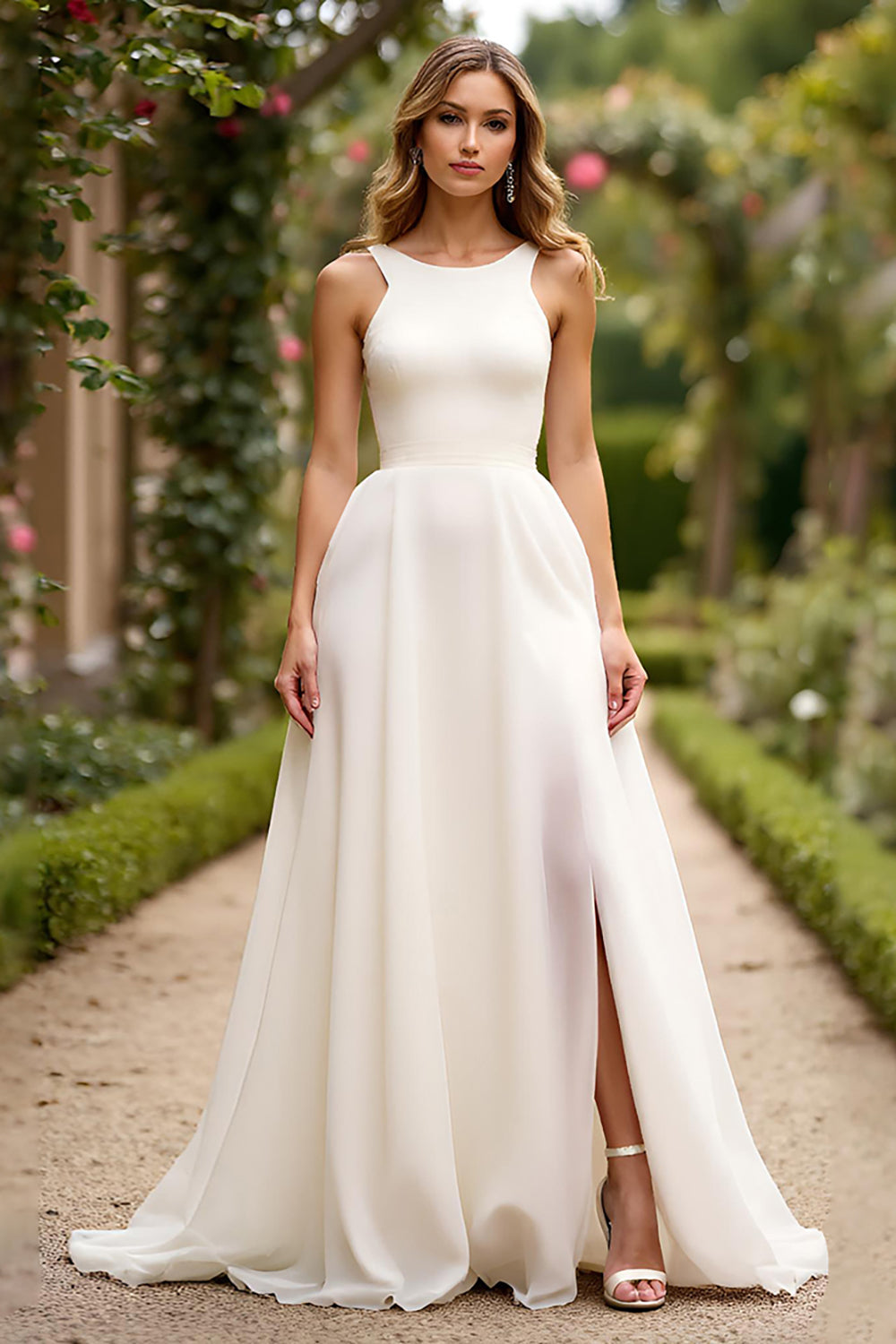 ZAPAKASA Women Ivory A Line Sleeveless Long Graduation Dress with Slit Satin Backless Little White Dress ZAPAKASA Women Ivory A Line Sleeveless Long Graduation Dress with Slit Satin Backless Little White Dress