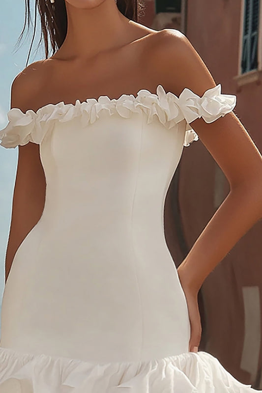 Off the Shoulder White Satin Bodycon Short Graduation Dress with Ruffles