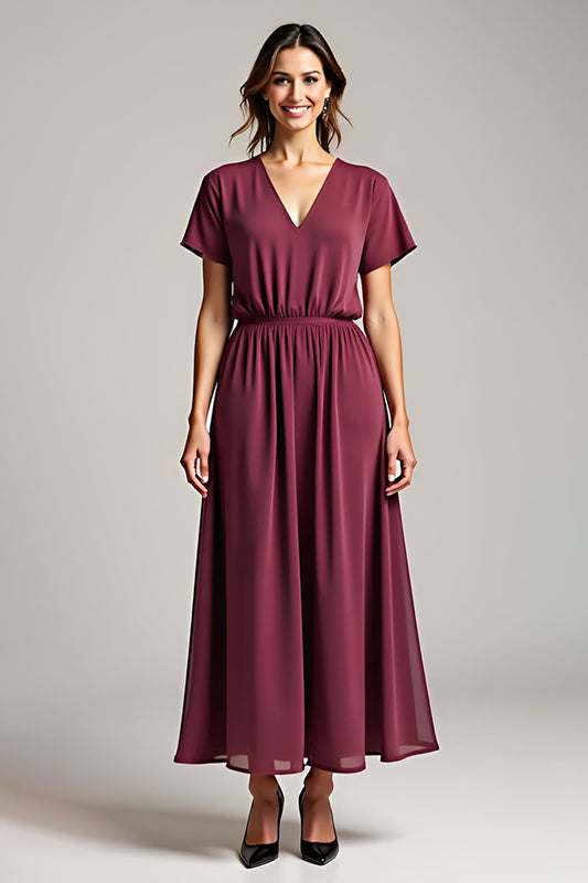 A Line Cabernet Chiffon Long Mother of the Bride Dress