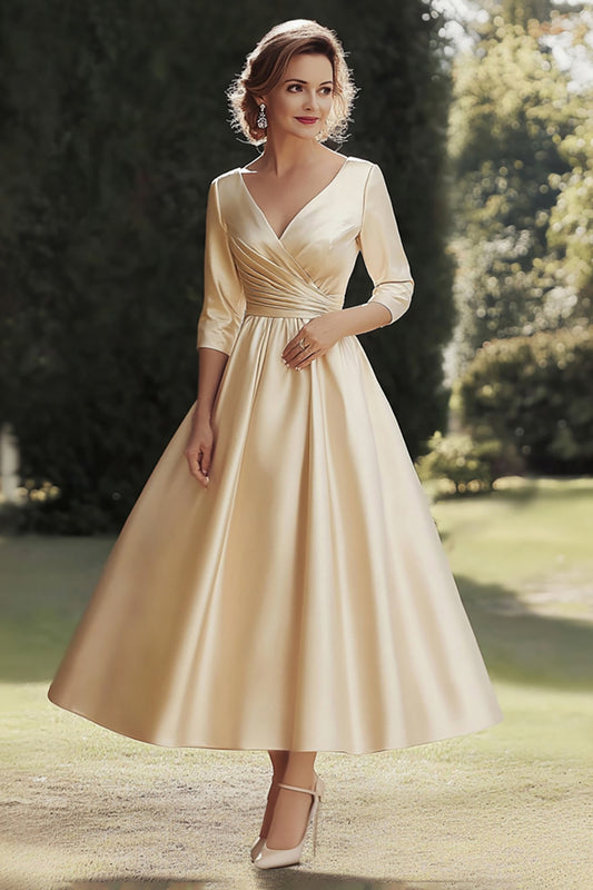 ZAPAKASA Women A Line Champagne Half Sleeves Long Mother of the Bride Dress V-Neck Ruched Satin Ankle-Length Formal Dress