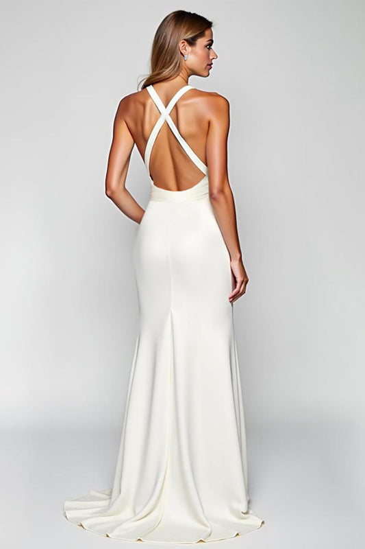 Halter White Sheath Satin Long Formal Dress